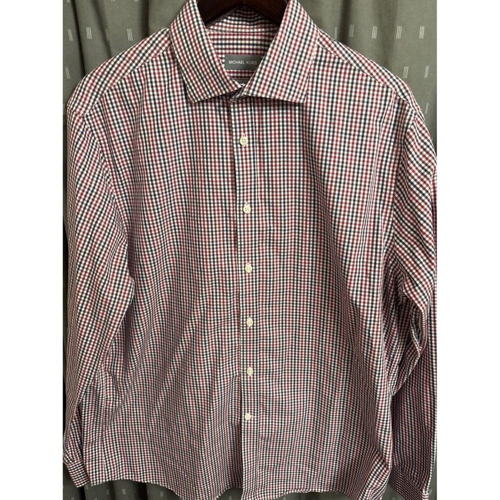 Michael Kors Mens Red Blue Gingham Airsoft Cotton Non Iron Dress Shirt 17 34/35